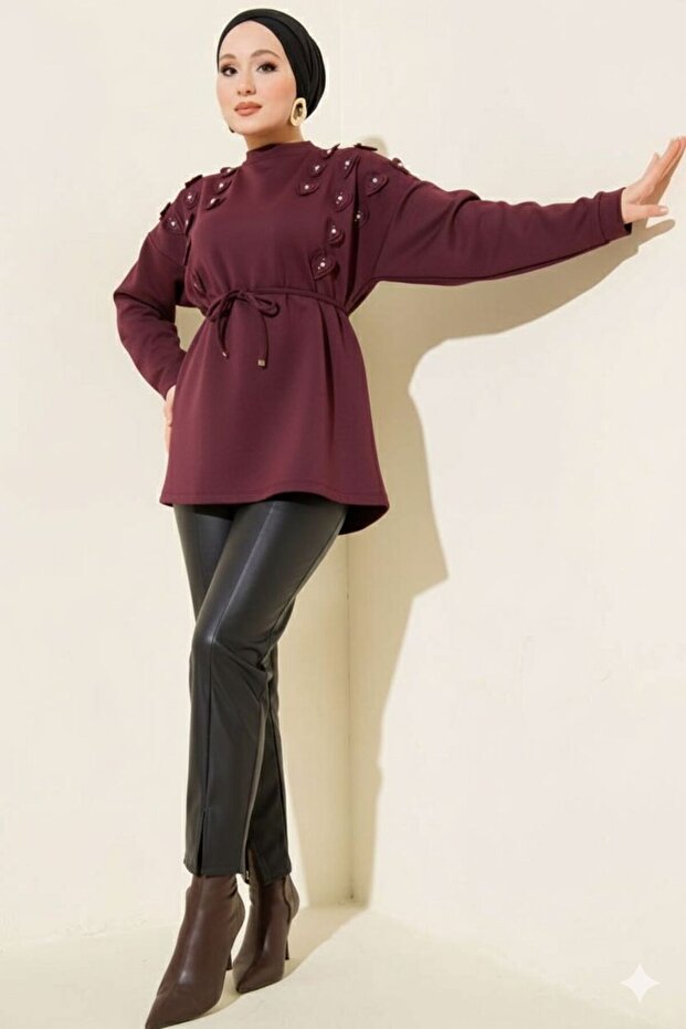 Women's Belted Hijab Tunic with Shoulder Detail - Comfortable Fit Daily Tunic