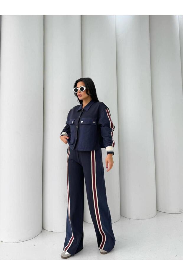 Premium Design Striped Detail Jacket-Trousers 2-Piece Tracksuit Set