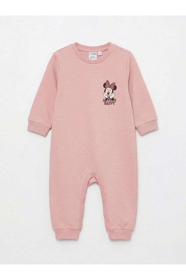 Lcw Baby Pink Crew Neck Minnie Mouse Printed Baby Girl Romper