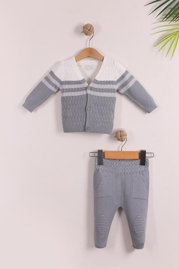 Ecru Baby Boy Cotton Knit Vest Set | Buttoned 2 Line Knit 0-3, 3-6, 6-9 Months