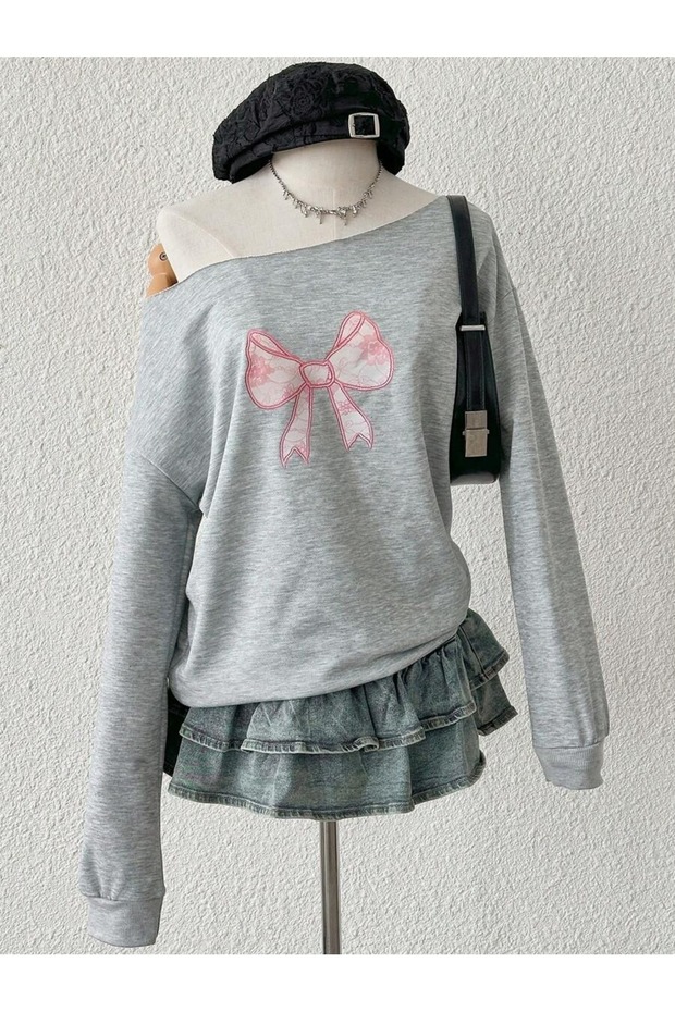 Women's Pink Ribbon Printed Boat Neck Oversized Sweatshirt