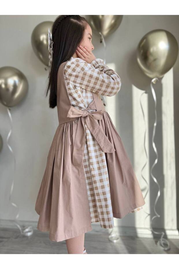 Authentic Checked Brown Double-Sided Girl's Dress + Hair Clip