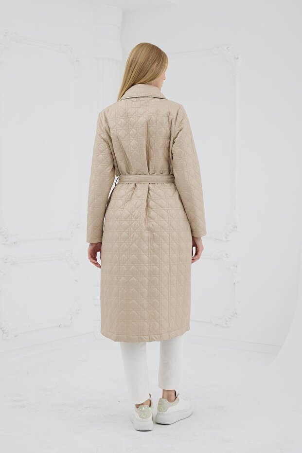 Taş Şeritli Kapitone Uzun Kap - Bej - 2