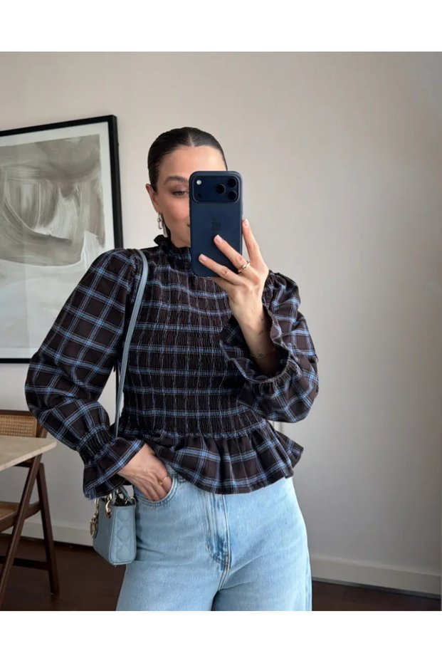 Women's Brown Blue Plaid Pattern Balloon Sleeve Blouse