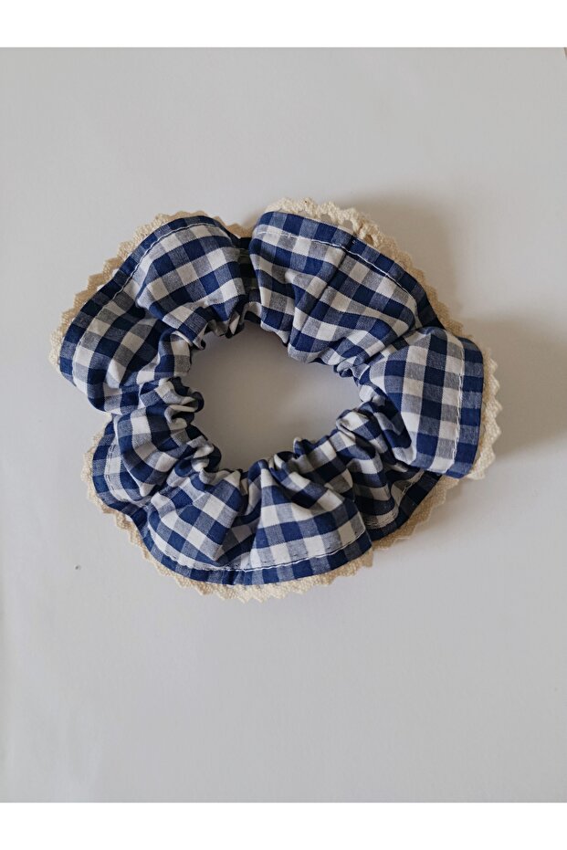 Blue and White Checkered Fishtail Detailed Sporty Style Scrunchie Rubber Band - Daily Simit Hair Tie