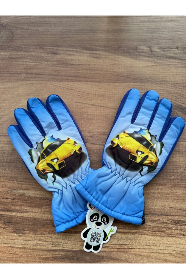 Car Blue Color Lined Children's Ski and Snow Gloves for Ages 6-10