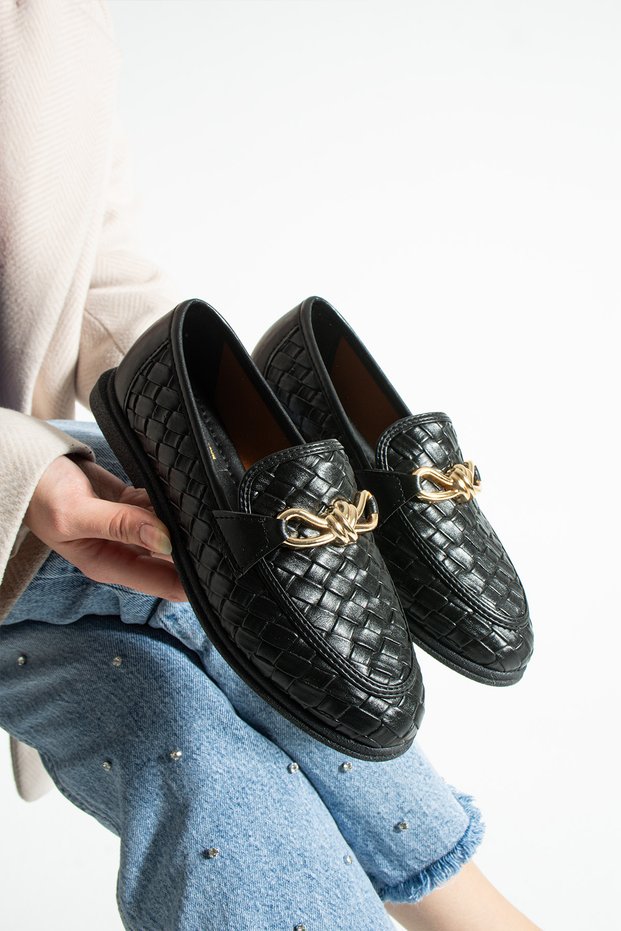 Maby Women's Black Knitted Textured Chain Detailed Loafer Flat Shoes Ballet Flats