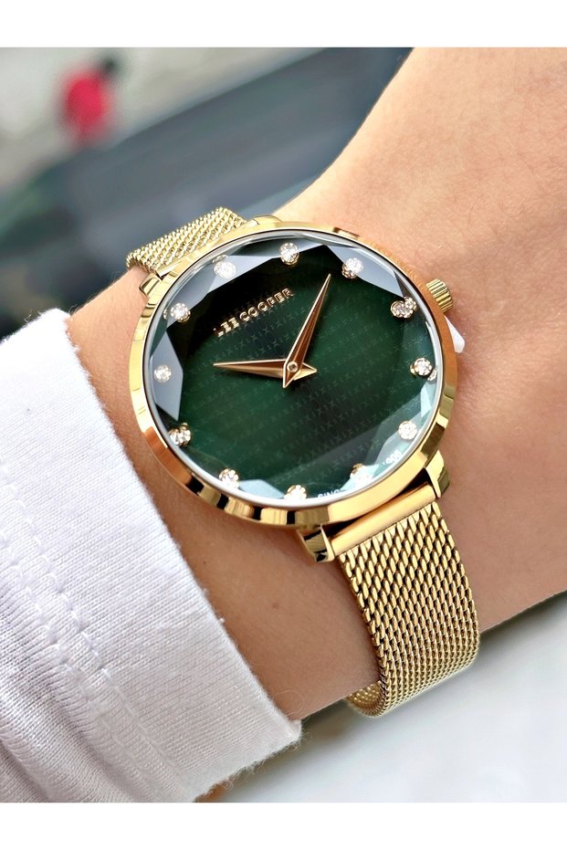 Special Design Steel Mesh Band Gold-Green Color Women Wristwatch Lc08078Mr