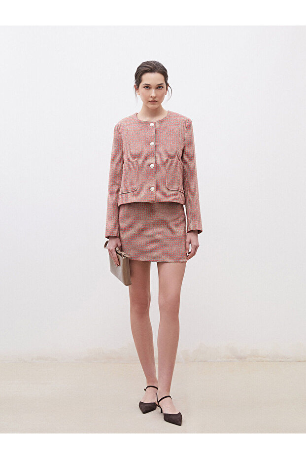 Red Slim Fit Plaid Mini Tweed Skirt