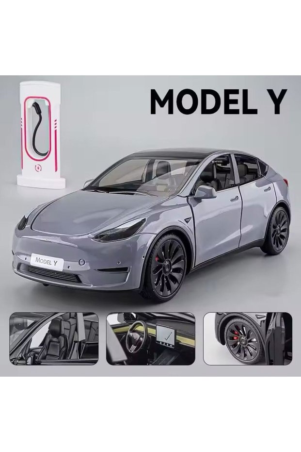 Tesla Model Y 1:24 Scale Diecast Model Car with Sound and Light Gray Jarj Station Model