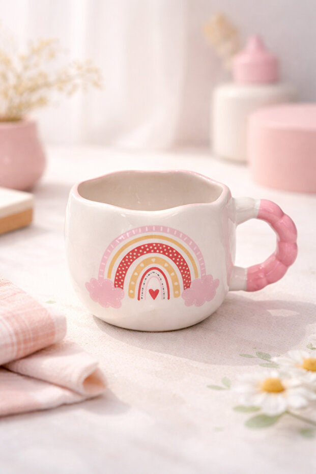 Rainbow Patterned Handmade Ceramic Mug – Cream Coffee Cup with Pink Handle