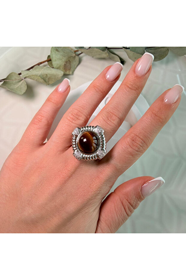 Silver Framed Adjustable Ring with Big Tiger Eye Stone