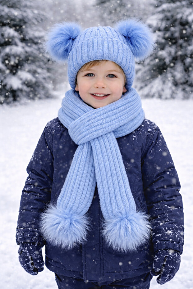 Blue Double Pompon Knitwear Scarf Hat Set
