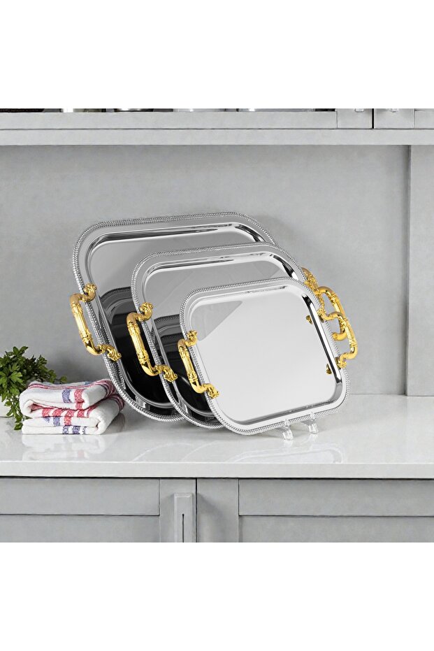 3 PCS STELL TRAY SET-RECTANGULAR-SILVER-GOLD - 1