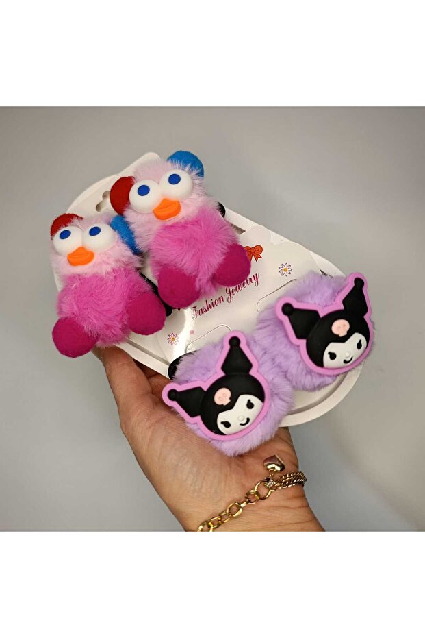 Pompon Buckle with Sultry Character + Pompon Cute Girl's Buckle Set (2 Pairs with Elastic)
