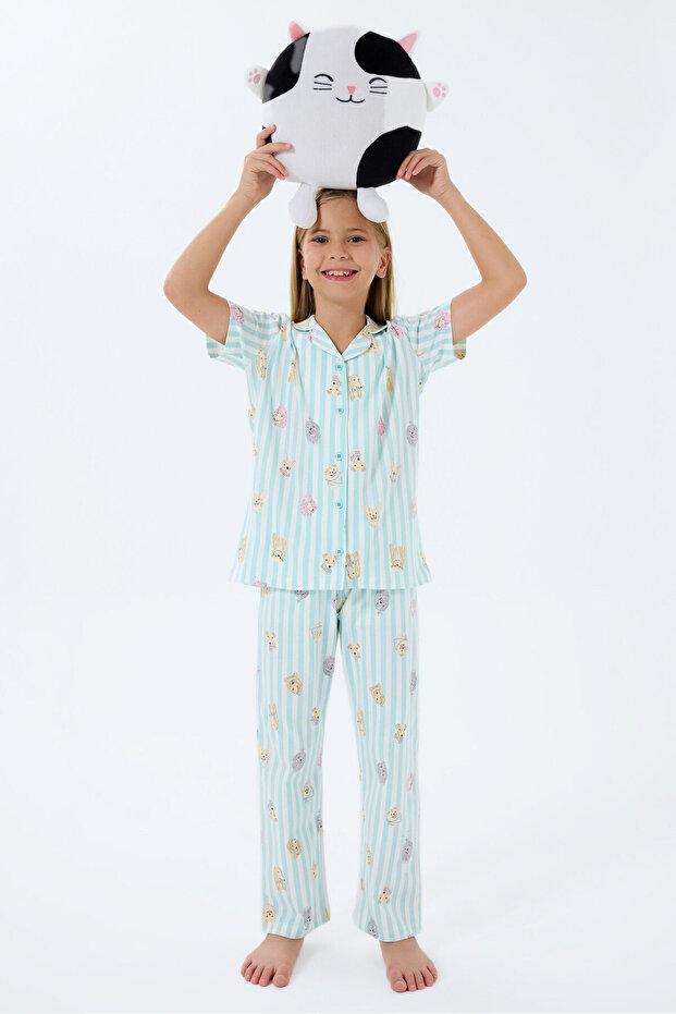 Girl's Shirt Collar Printed Summer Relaxed Fit Green Pajama Set Rp3809-C-V2