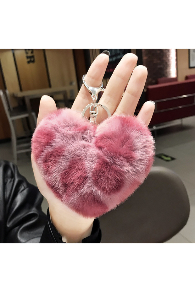 Heart Rose Student Bag Keychain Leopard Print Plush Fur Ball with Heart Design Car Key Pendant Gift