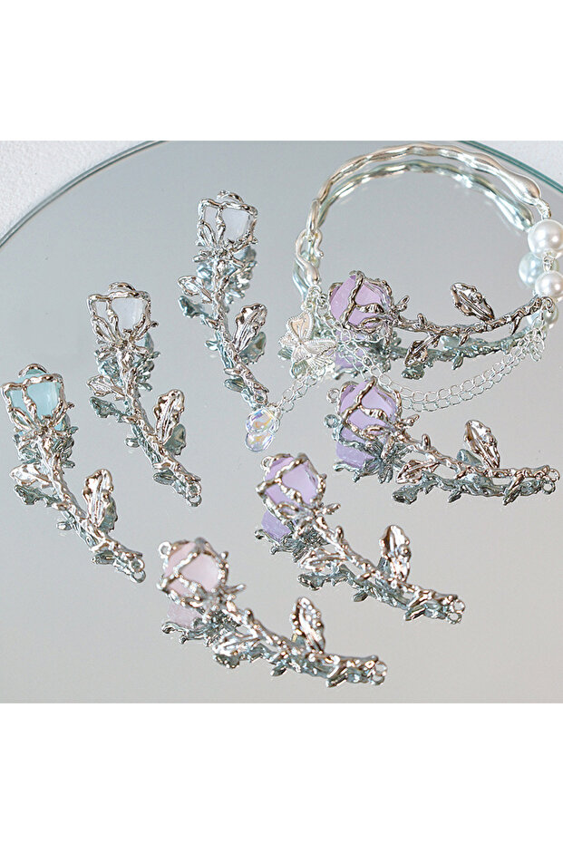 C243-white 3PCS 3PCS [Rose Half Bracelet] 3D Rose Alloy Half Bracelet Pendant DIY Beaded Necklace Br