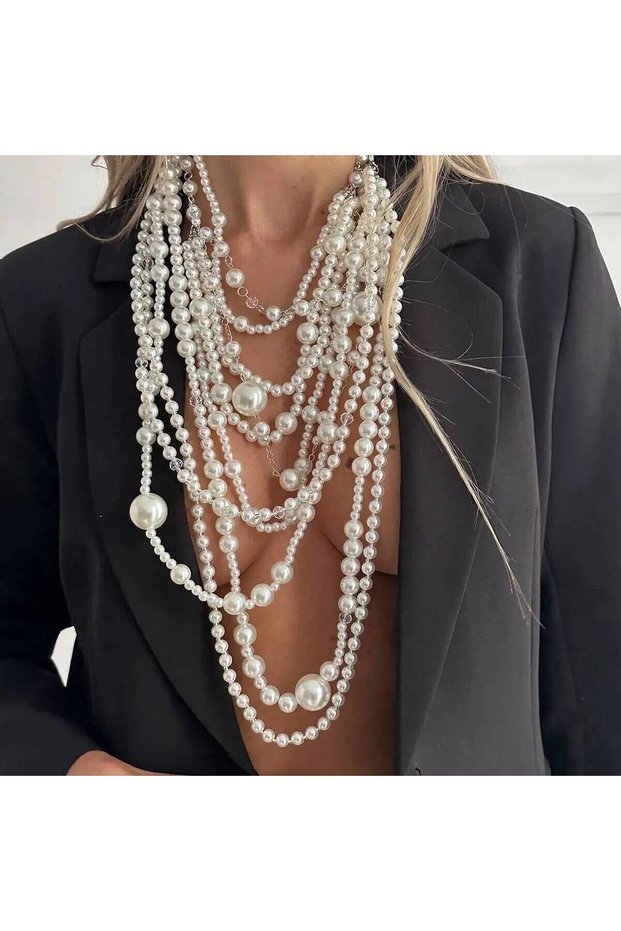 C07490 SHIXIN Exaggerated Multi-layer Imitation Pearl Choker Necklace Women Luxury Long Tassel Penda