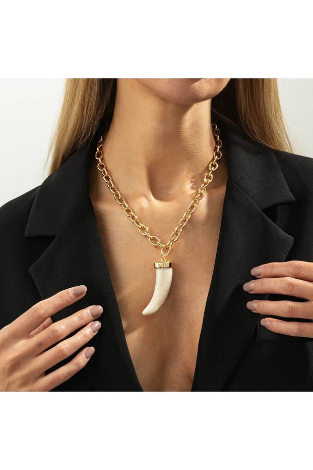 Off White Salircon 2026 Trendy Imitation Of Cow Horns Acrylic Pendant Metal Necklace Women Female DI