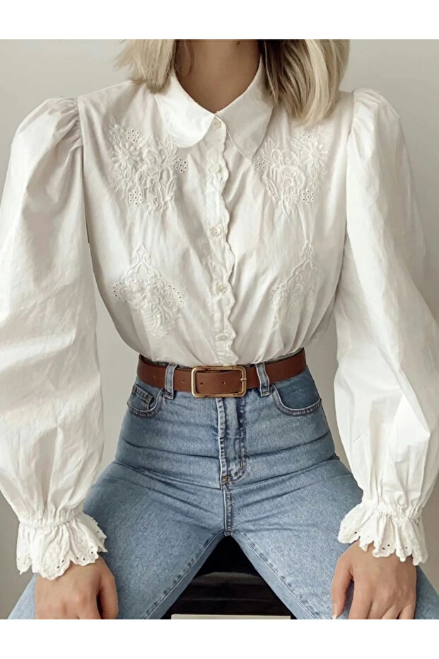 Nakış İşlemeli Balon Kol Gömlek - Ekru - 1