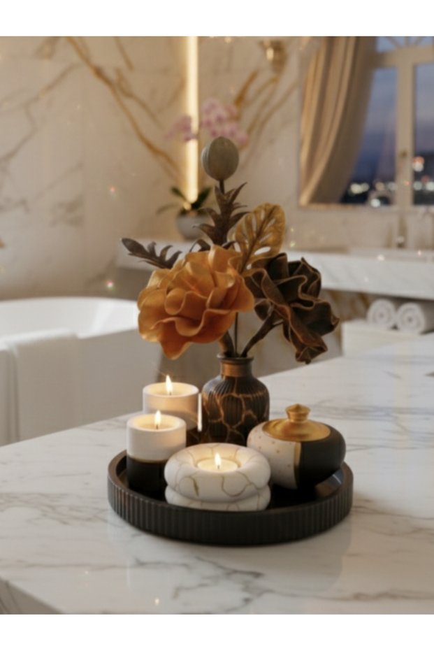 Decorative Tray Candle Holder and Pampas Vase Gift Home, Office Decoration Object Set (Flowers Included)