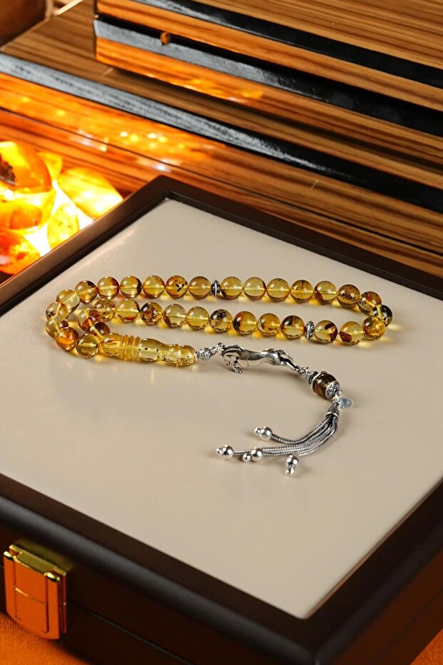 Silver Horse Figured Design Original Fossilized Drop Amber Prayer Beads (Amber), (Amber Drop Prayer Beads)