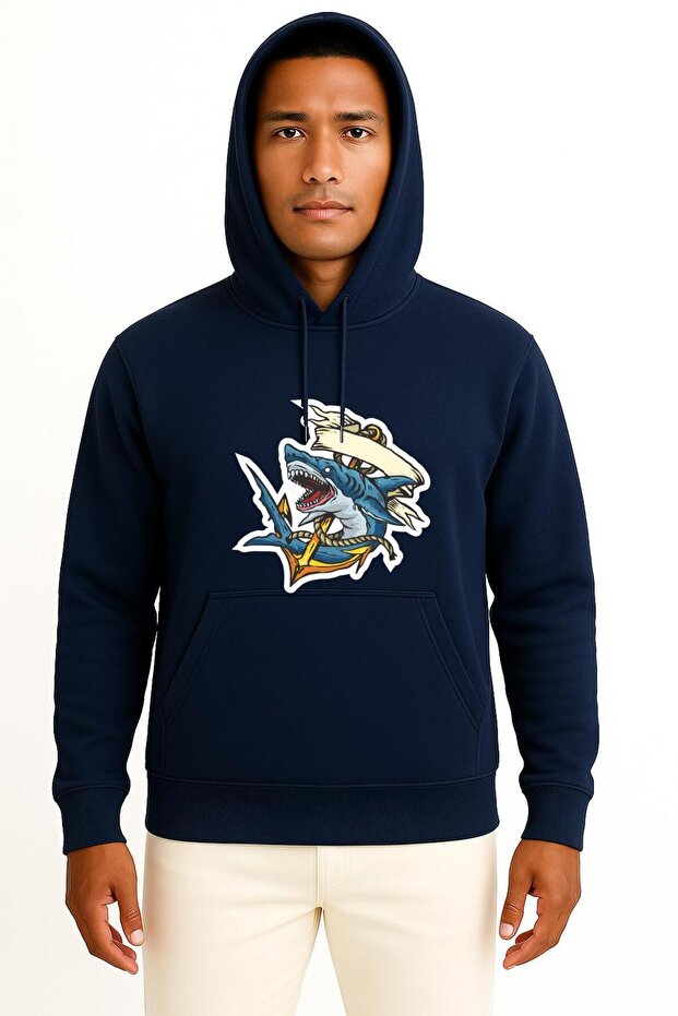 Hooded Shark and Anchor Chest and Back Printed Unisex Sweatshirt
