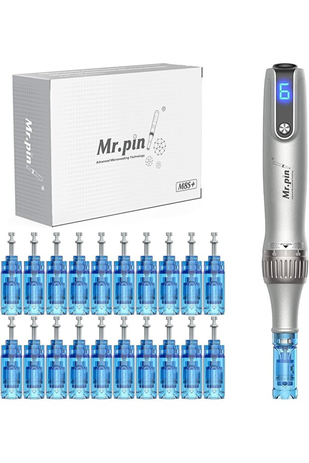 Mr.Pin M8S+ Derma Pen | Wireless with 22 Different Size Replacement Cartridges for Skin, Hair and Body Care