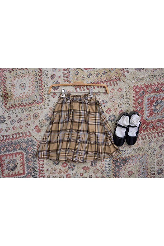 Girl's Cream Brown Collage Patchwork Plaid Skirt