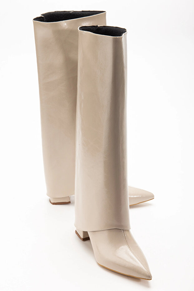 Women's Leggings Detailed Detachable Pointed Toe Beige Wrinkled Patent Leather Boots