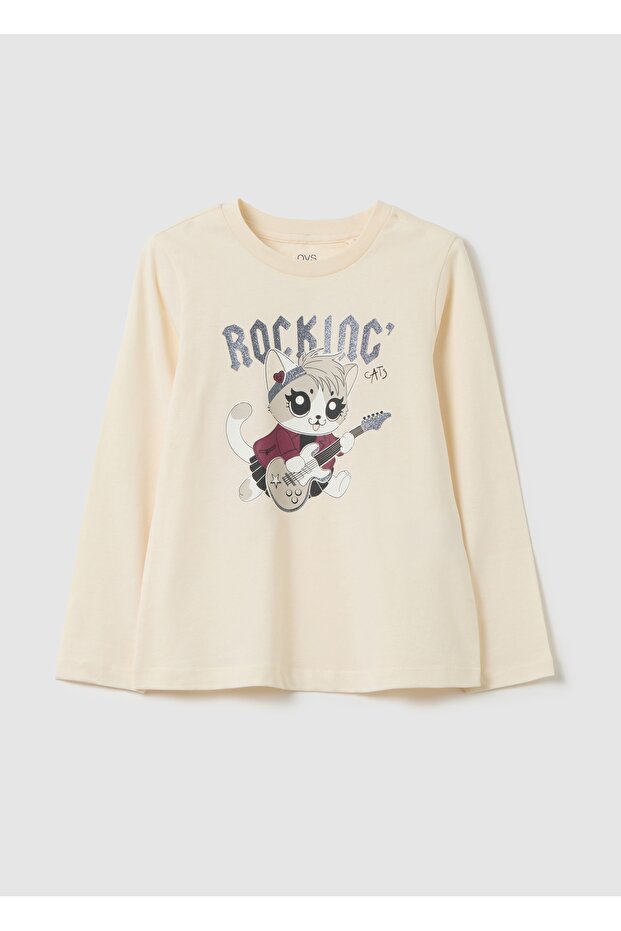 Girls' Regular Fit Beige Pure Cotton T-Shirt With Print