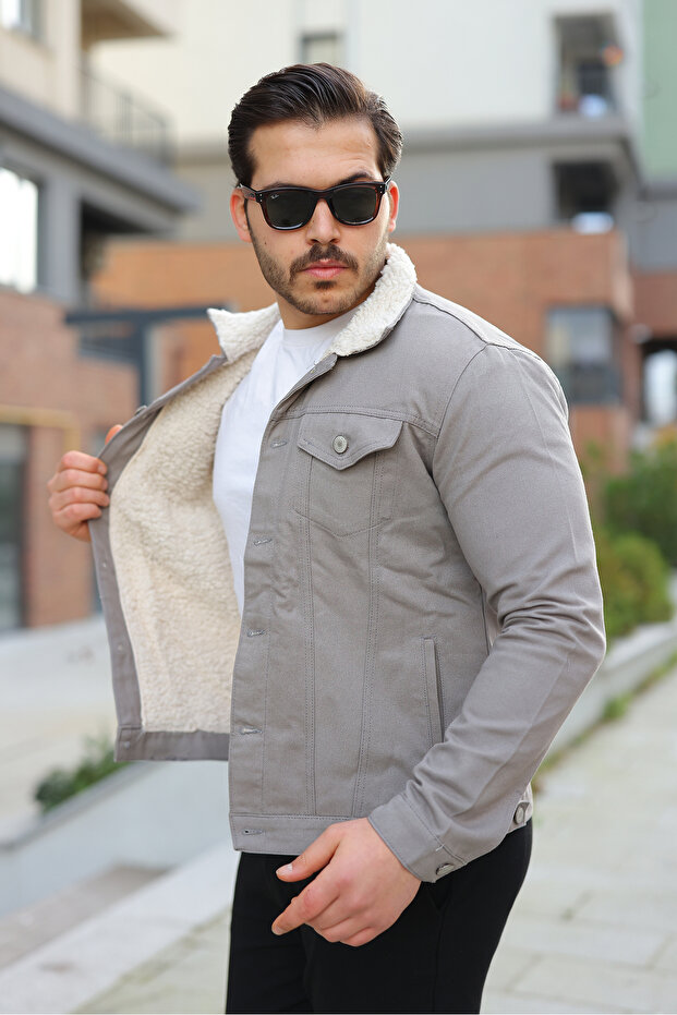 Men's Trendy Winter Fur-Lined Gray Denim Jacket
