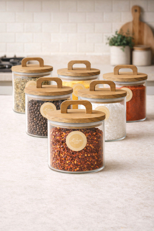طقم برطمانات بوروسيليكات سعة 600 مل مكون من 6 قطع مع غطاء دائري من خشب السنط KW-770