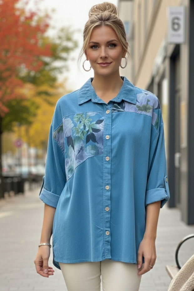 Italian Light Blue Long Sleeve Floral Buttoned Thin Velvet Casual Woven Shirt 75-80 70