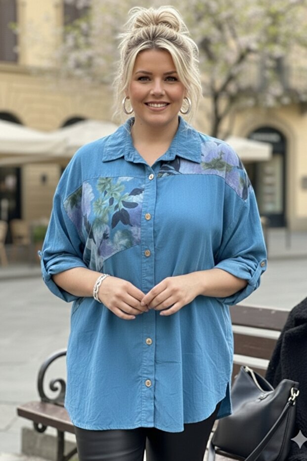 Italian Plus Size Light Blue Long Sleeve Floral Buttoned Slim Velvet Casual Woven Shirt 75-80 70
