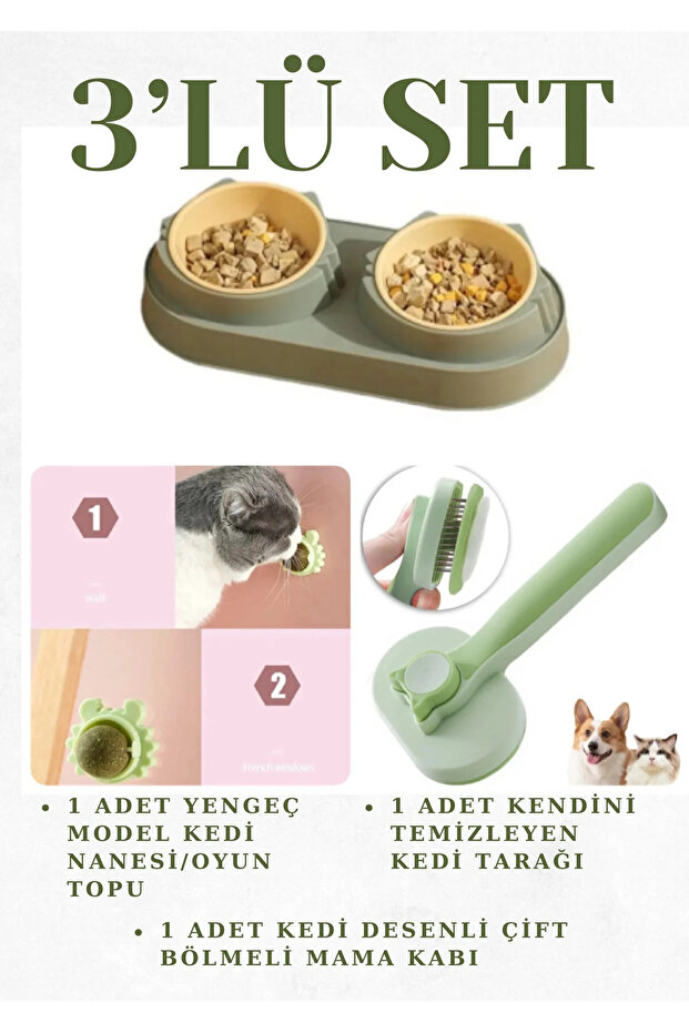 Cat 3-Piece Set; Double Compartment Food Bowl & Self-Cleaning Cat Comb, Latest Model Cat Brush
