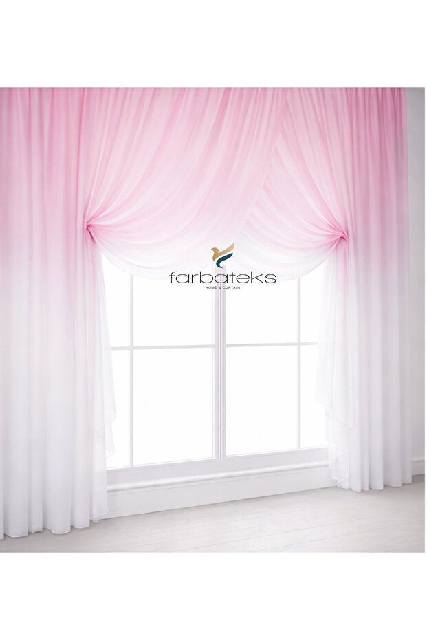 Pink Powder Color Changing from Top to Bottom Double-Breasted Models 3 Layers Pleated Tulle Curtain