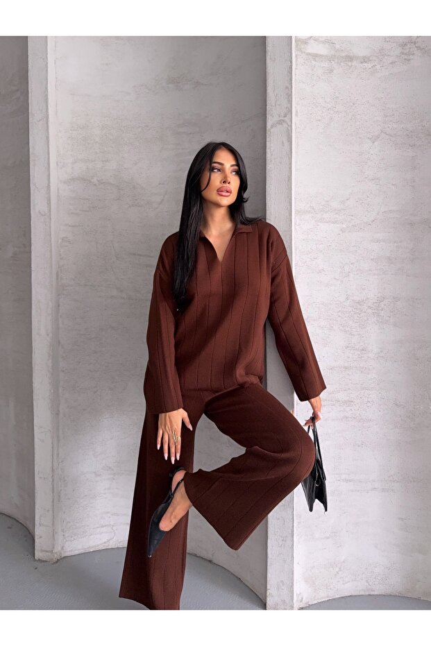 Polo Yaka Corded Fabric Bottom-Top Knitwear Set