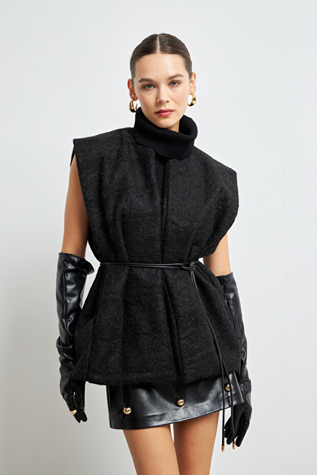 Women's Black Belted Cashmere Vest