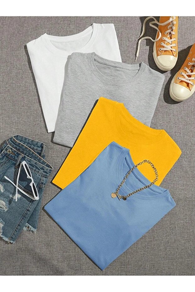 Women's Plain Basic 4-Piece T-shirt - Oversize Crew Neck T-shirt