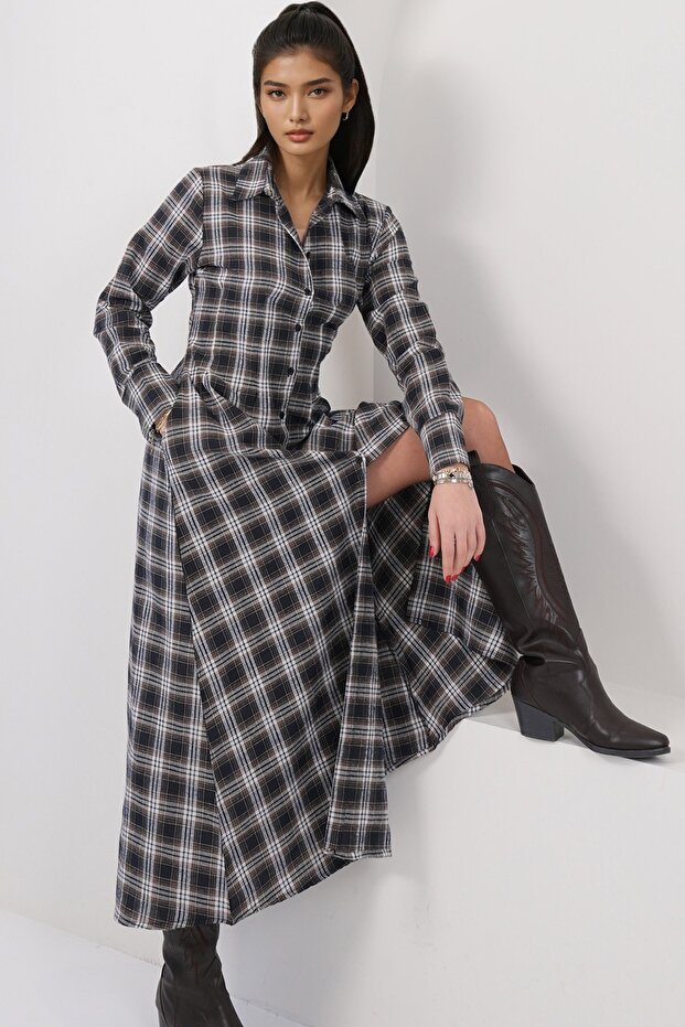 Brown Double Pocket Maxi Cotton Blend Dress ALC-X14912