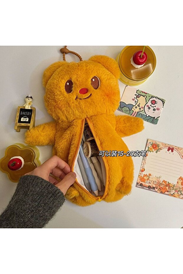 Orange Plush Cartoon Butter Bear Creative Large Capacity Pencil Case Birthday New Year Gift Toy Penc