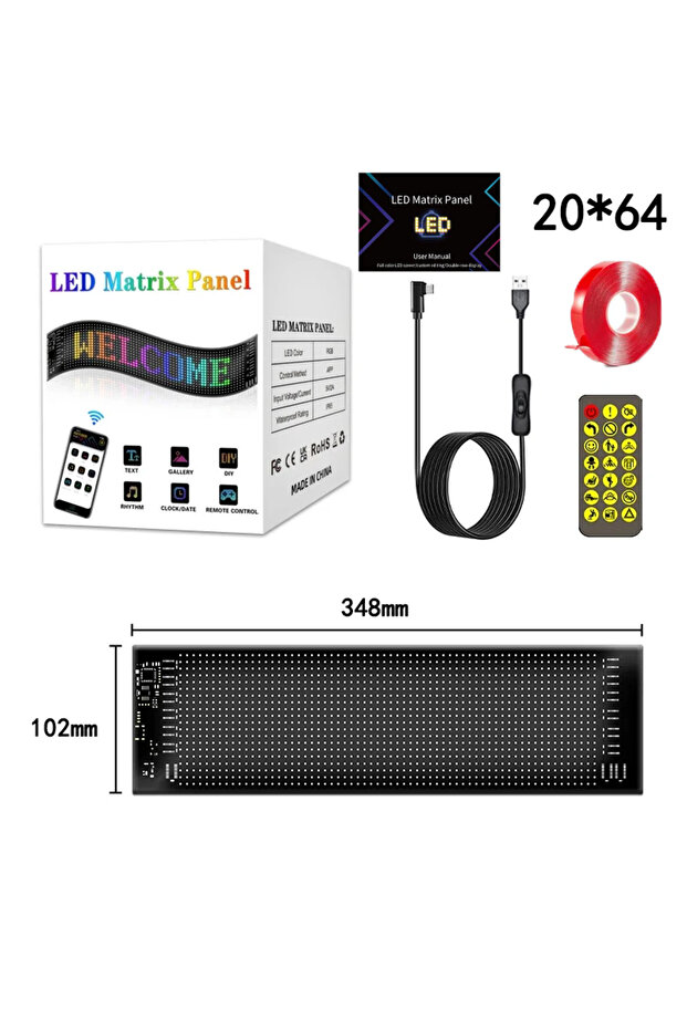 20 × 64 مصباح LED، 10 × 35 سم، مصابيح LED ديناميكية وامضة للسيارات، يتم التحكم بها عبر USB وبلوتوث، شاشة LED ناعمة