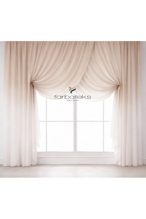 Mink Beige to Light Brown Tulle with Color Transition on Top Double-Breasted Model 3 Layer Pleated Tulle Curtain