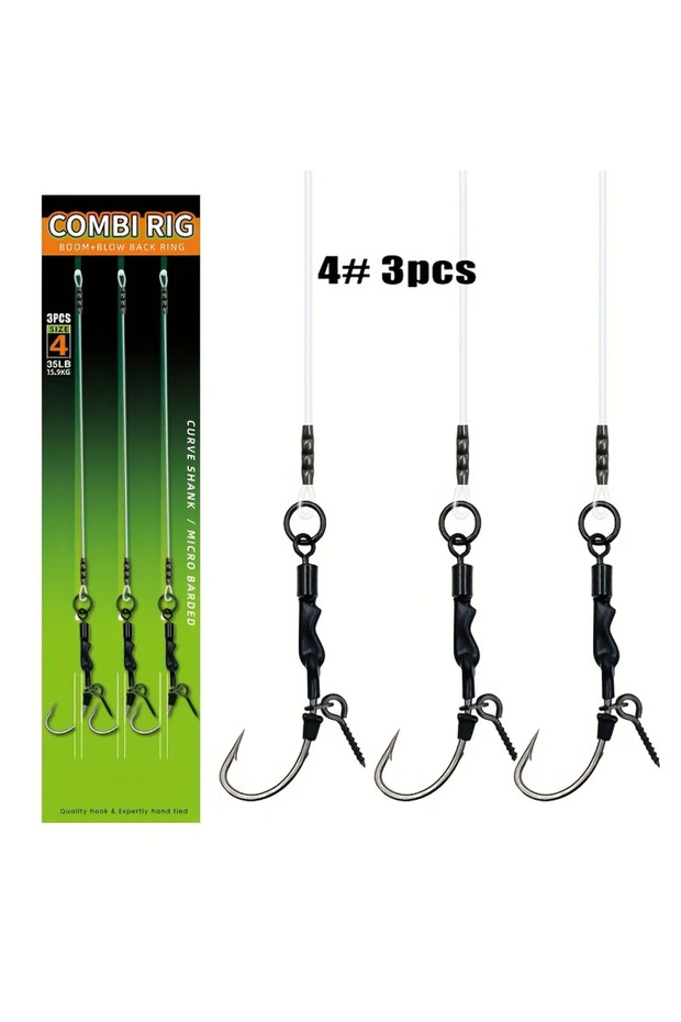 3PCS Scerew-4 Carp Fishing Rigs Pre-Tied, Combi & Hair Rigs with Rolling Swivels, 100% Fluorocarbon