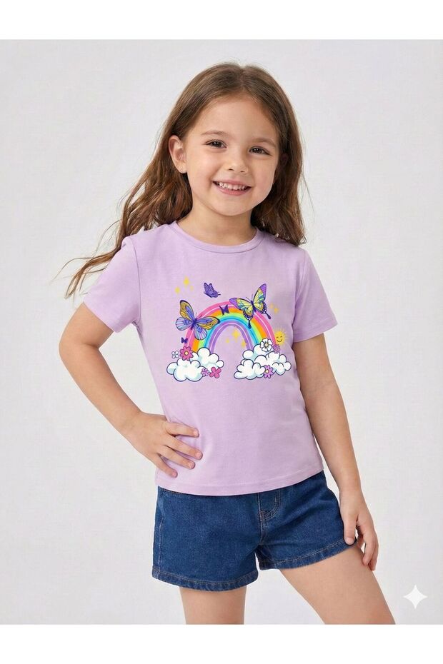 Children's Mix B Printed Cotton Crew Neck Lilac Tshirt