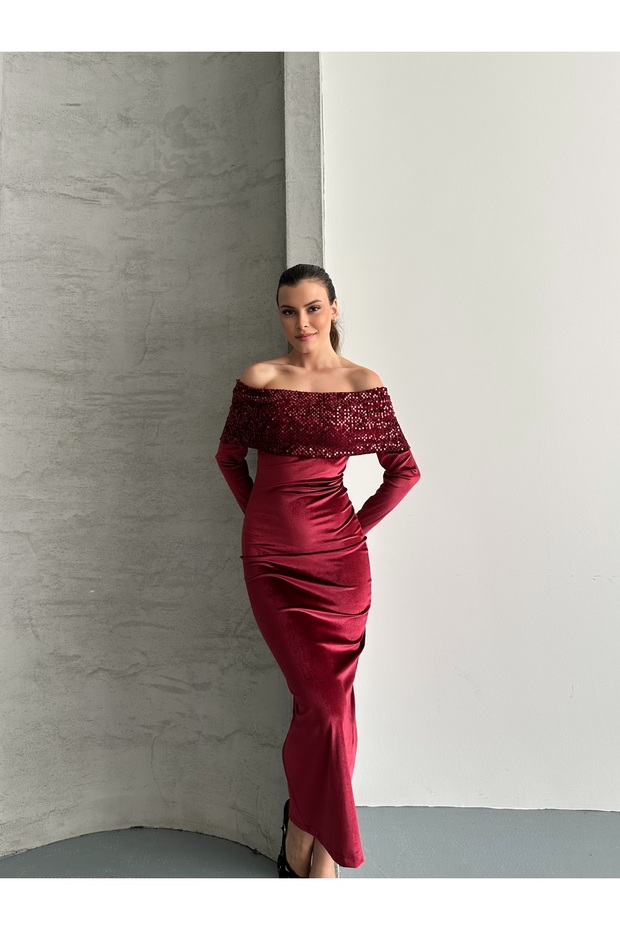 Women's Madonna Collar Sequin Detail Stylish Evening Dress