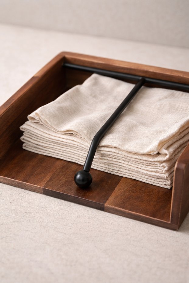 Wooden Napkin Holder with Metal Detail – Modern Countertop & Tabletop