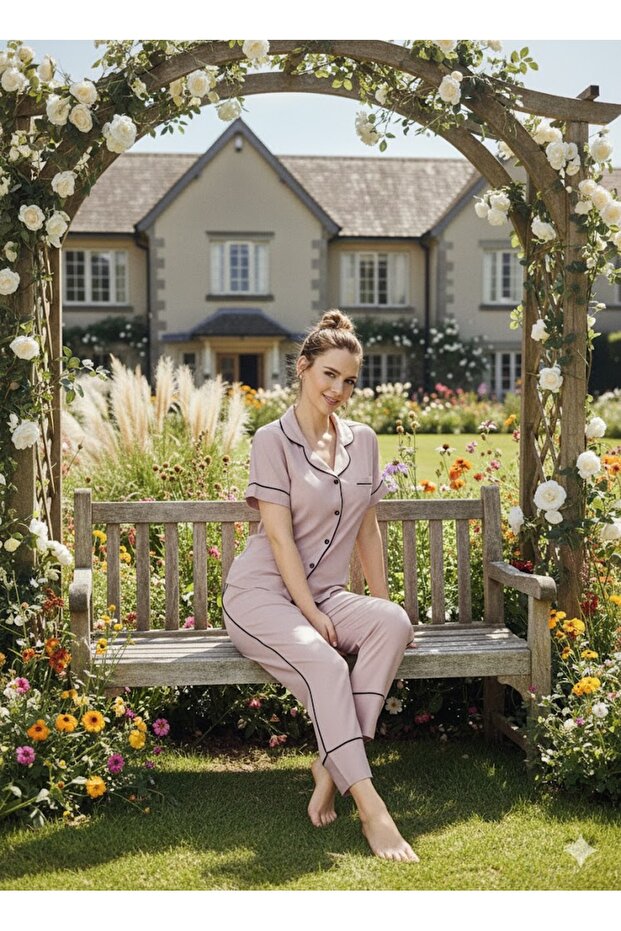 Women's Short Sleeve Front Button Solid Color Woven Pajama Set